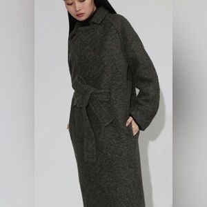 Ganni Olive Green Boucle Belted Coat in Wool Blend